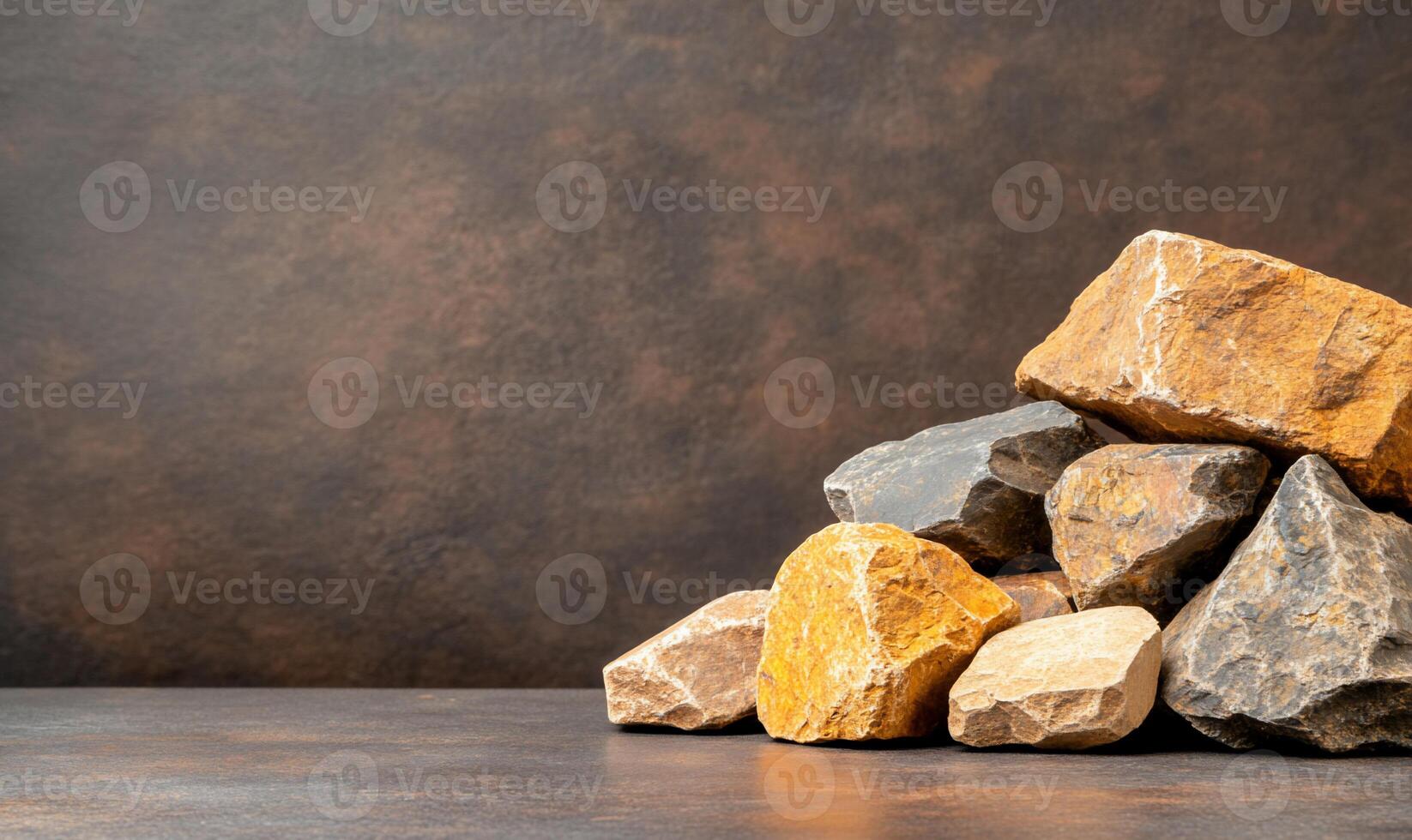 A pile of assorted rocks on a textured surface. photo