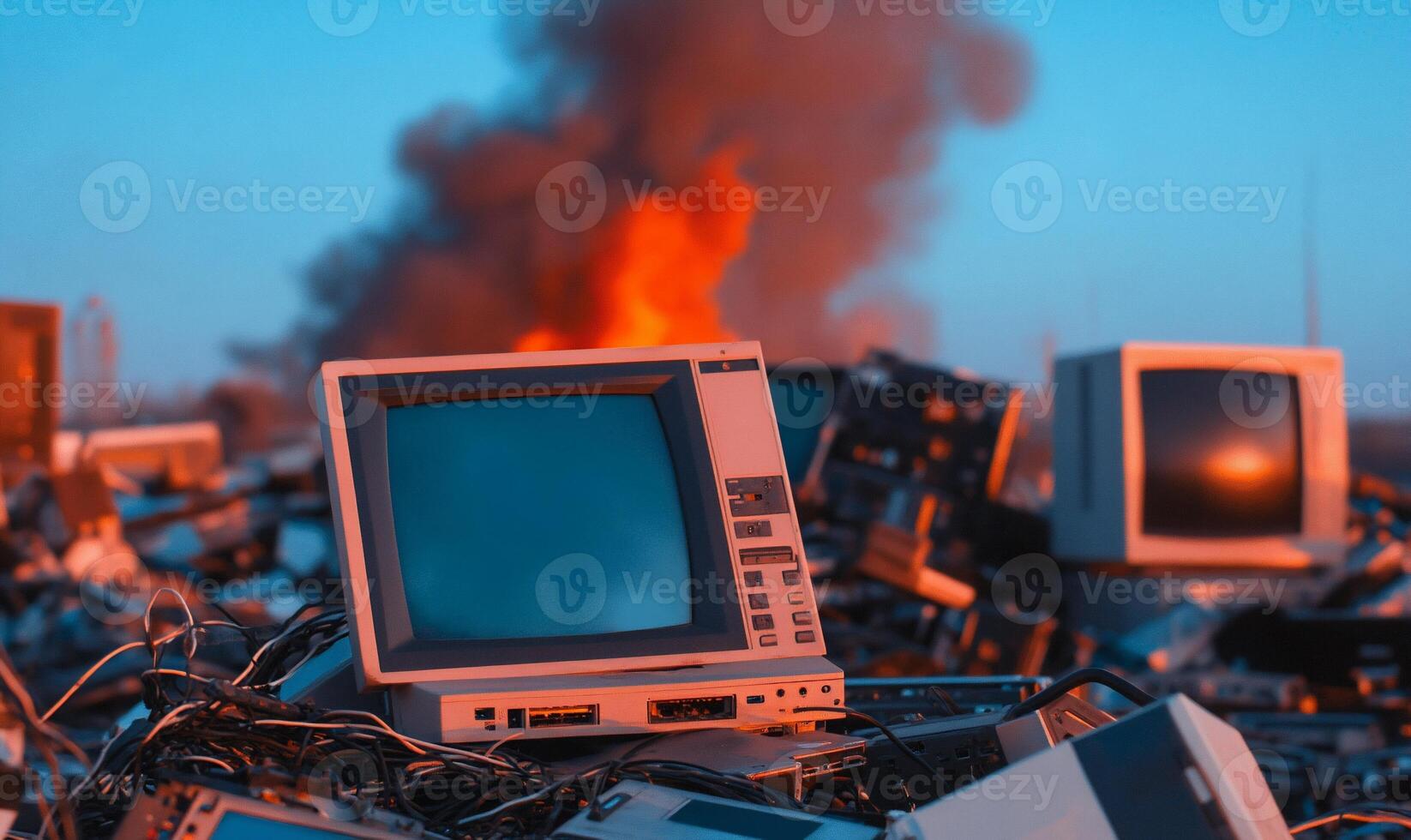 A pile of old computers and monitors in front of a fire photo