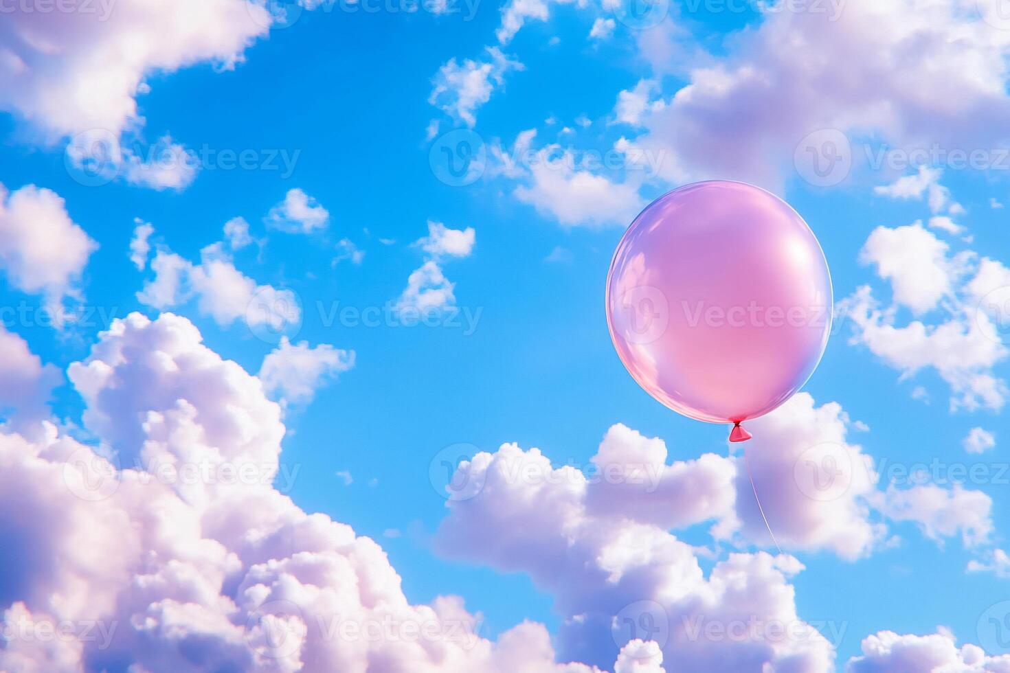 A pink balloon drifting in a bright blue sky filled with fluffy clouds. photo