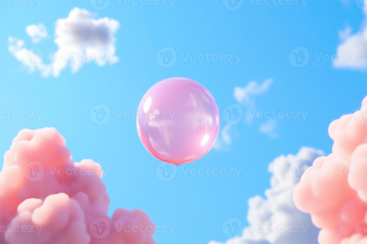 A pink balloon floats amidst fluffy clouds under a bright blue sky. photo
