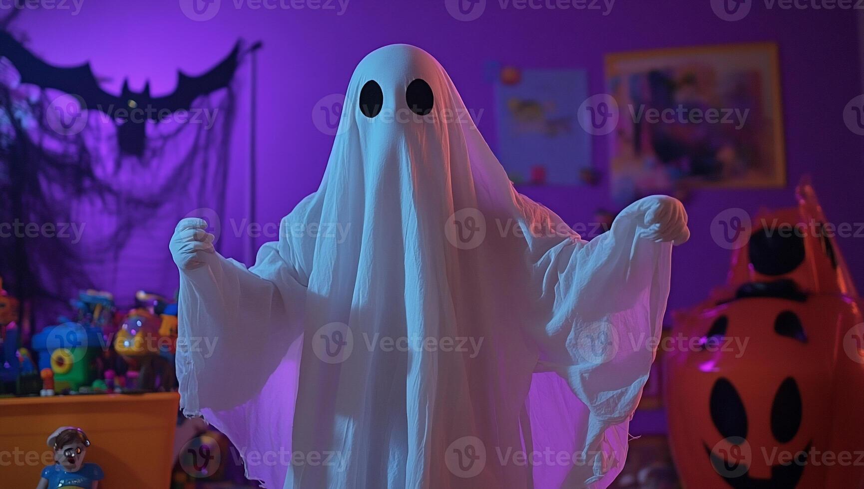 A playful ghost figure in a colorful, festive children's room. photo