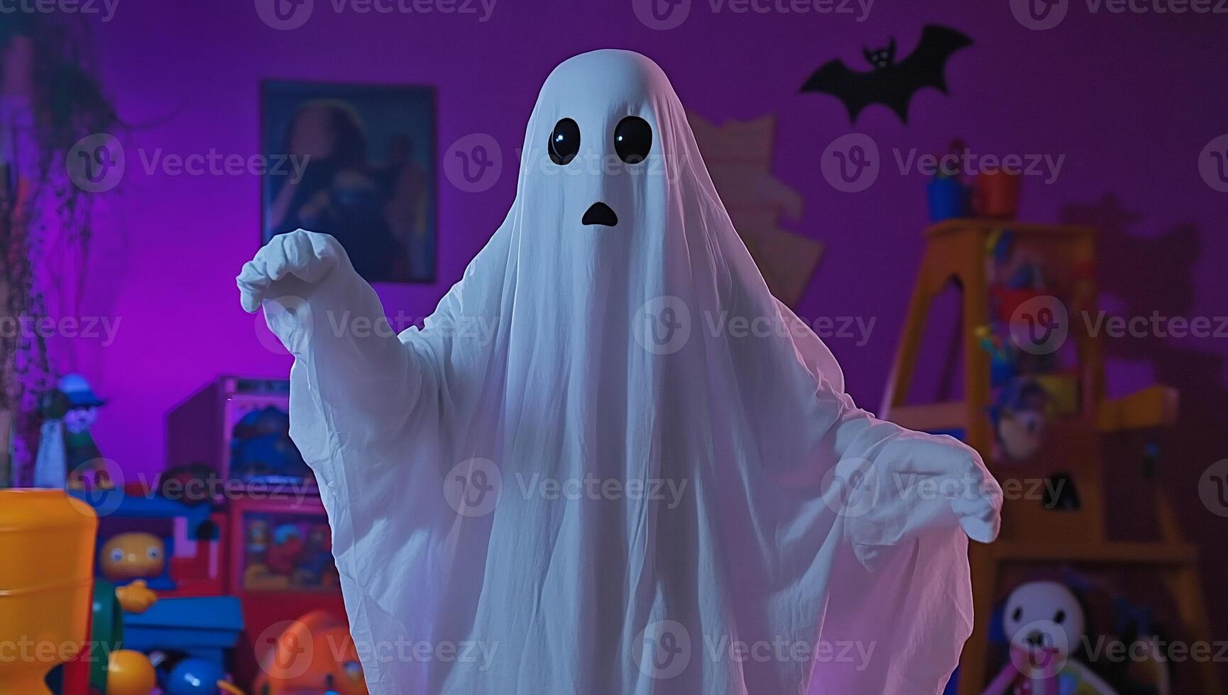 A playful ghost figure in a colorful room filled with toys. photo