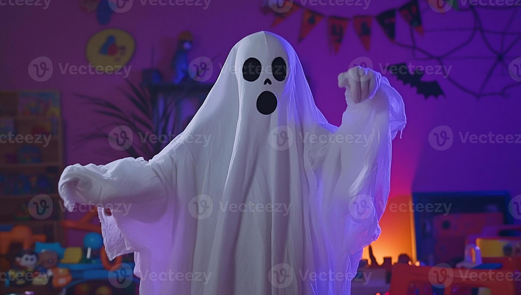 A playful ghost figure in a colorful room, perfect for Halloween. photo