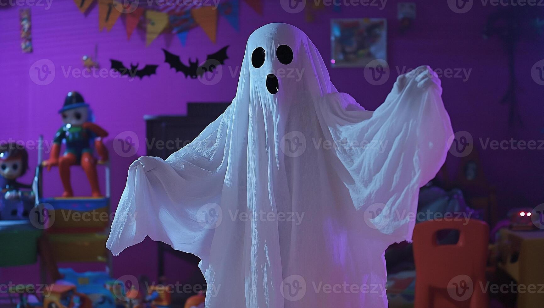 A playful ghost figure in a colorful, festive room. photo