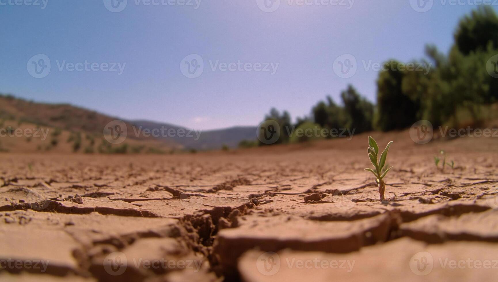 A resilient plant grows on cracked dry earth, symbolizing hope. photo