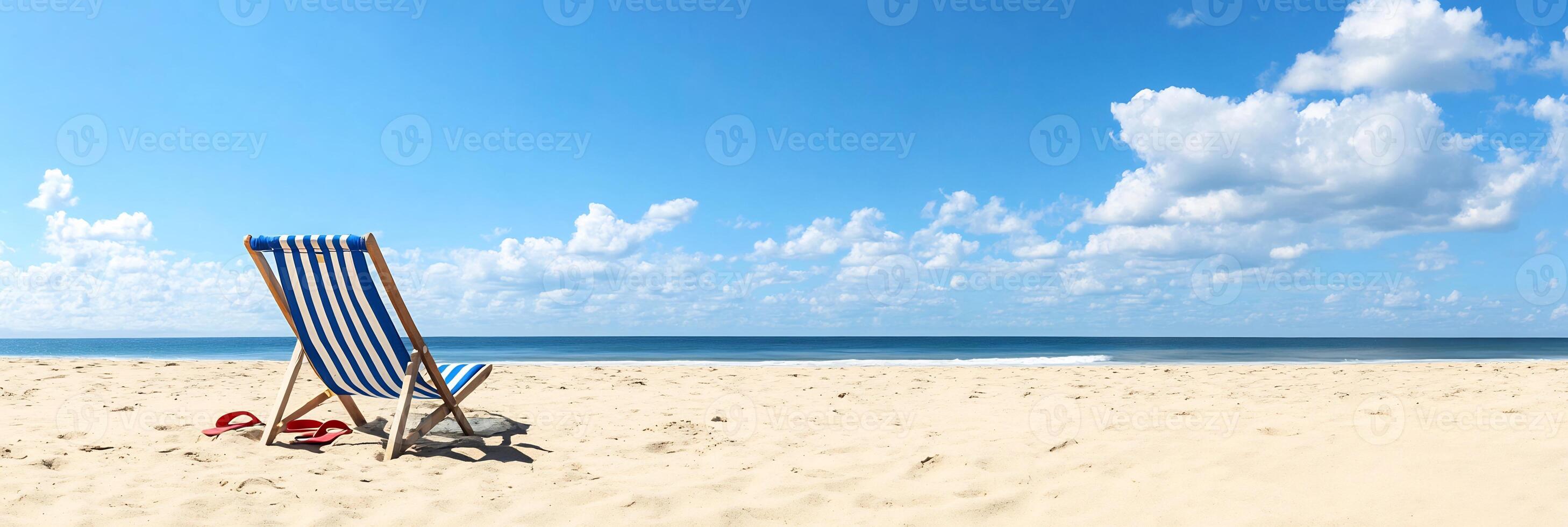 A serene beach scene with a striped chair overlooking the ocean. photo