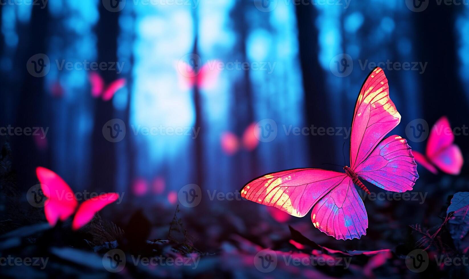 A serene forest scene illuminated by glowing pink butterflies. photo