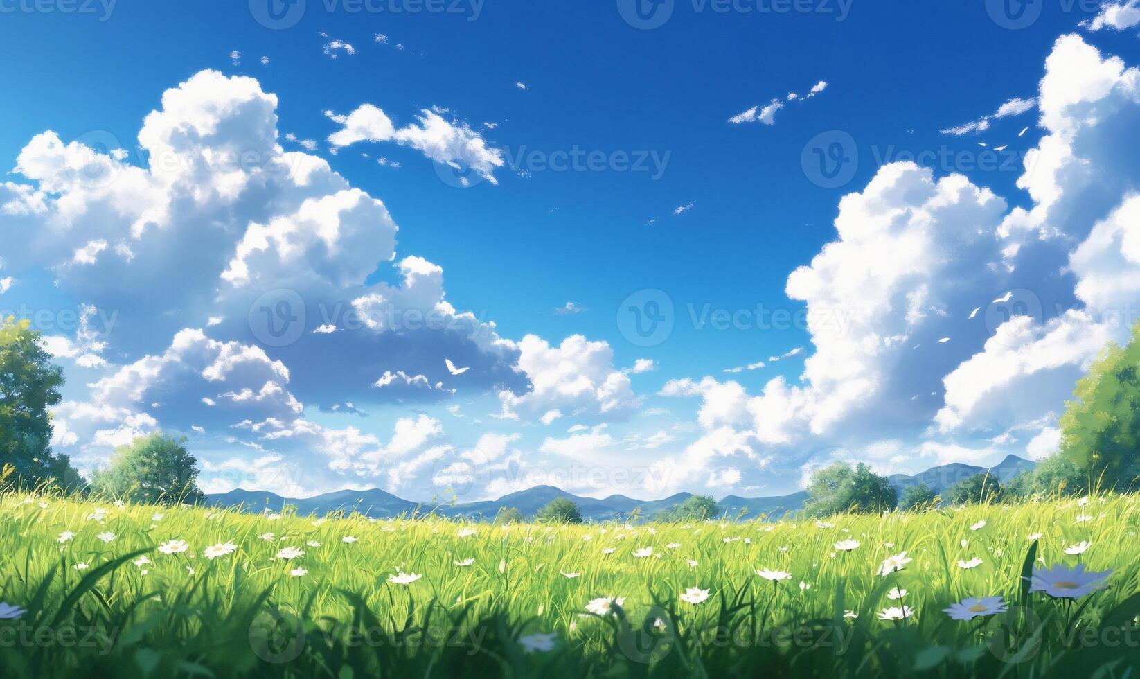 A serene landscape featuring a grassy field under a bright sky. photo