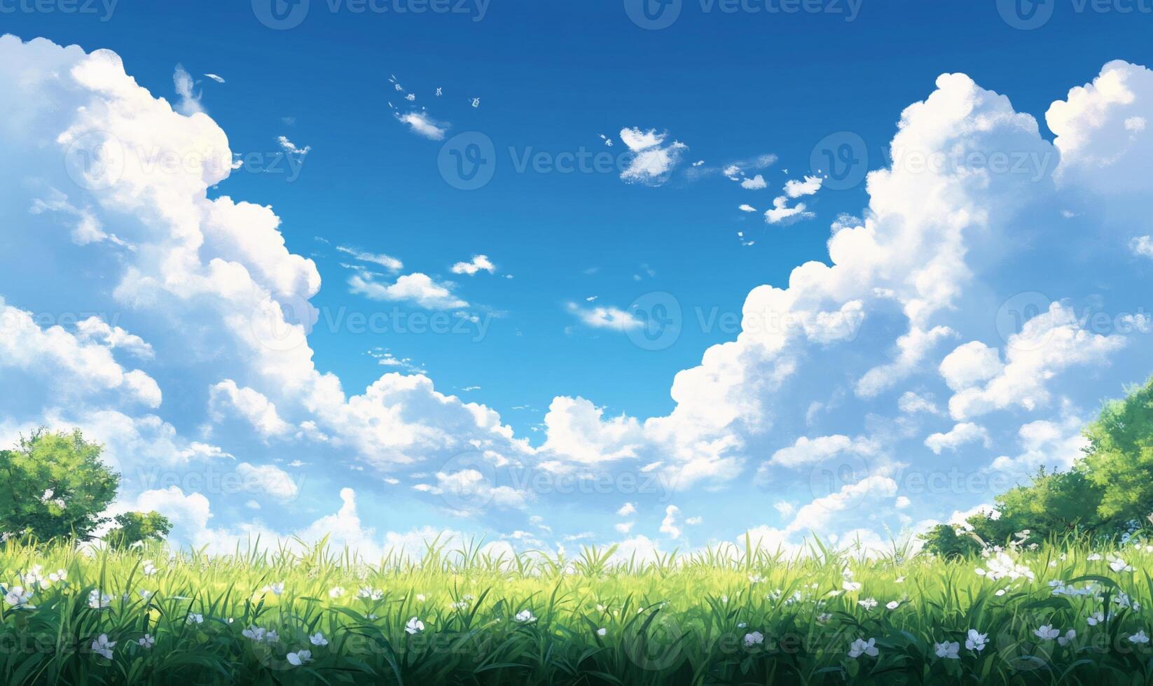 Anime wallpaper with clouds and grass photo