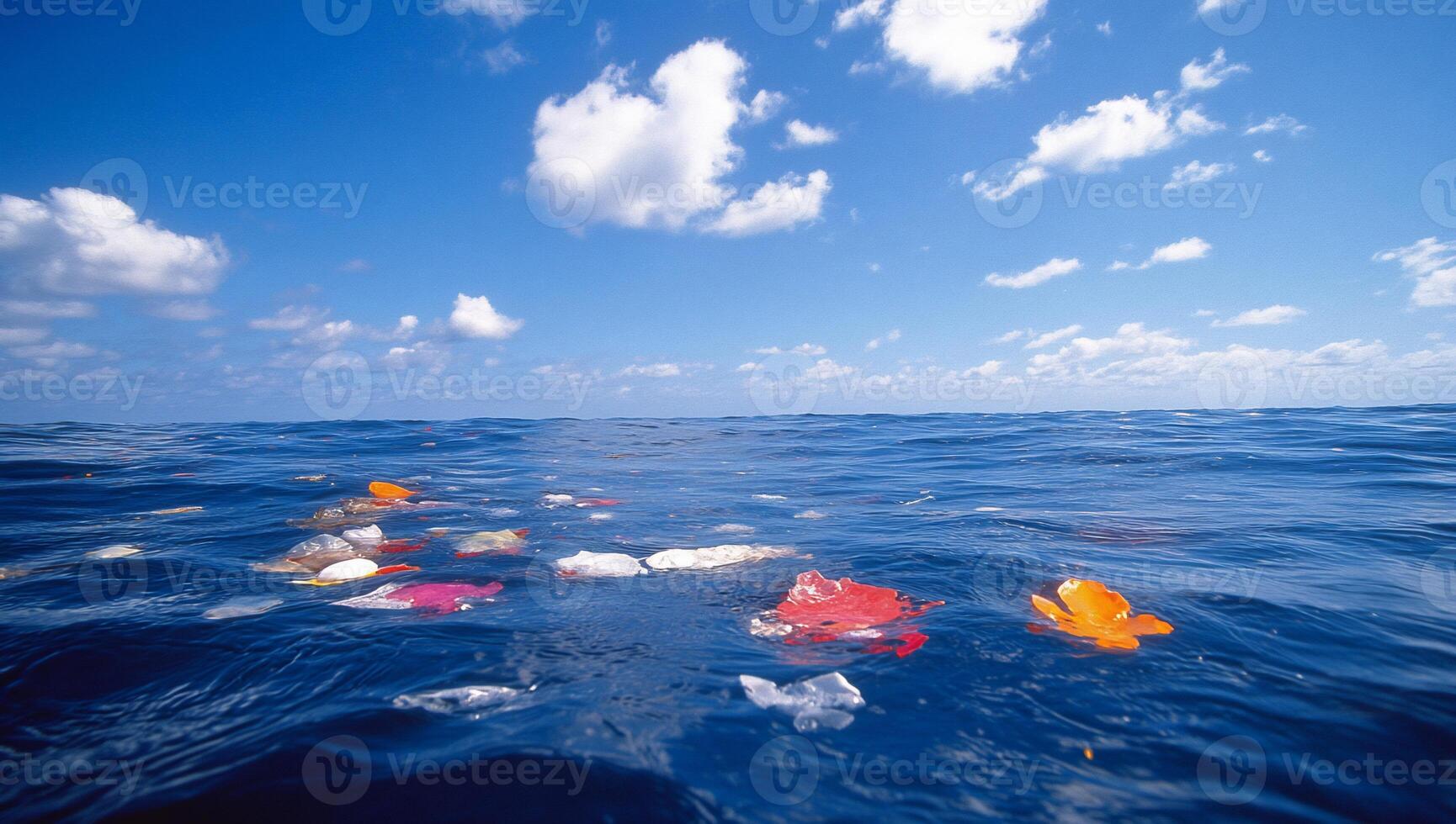 A serene ocean scene with floating debris and colorful waste. photo
