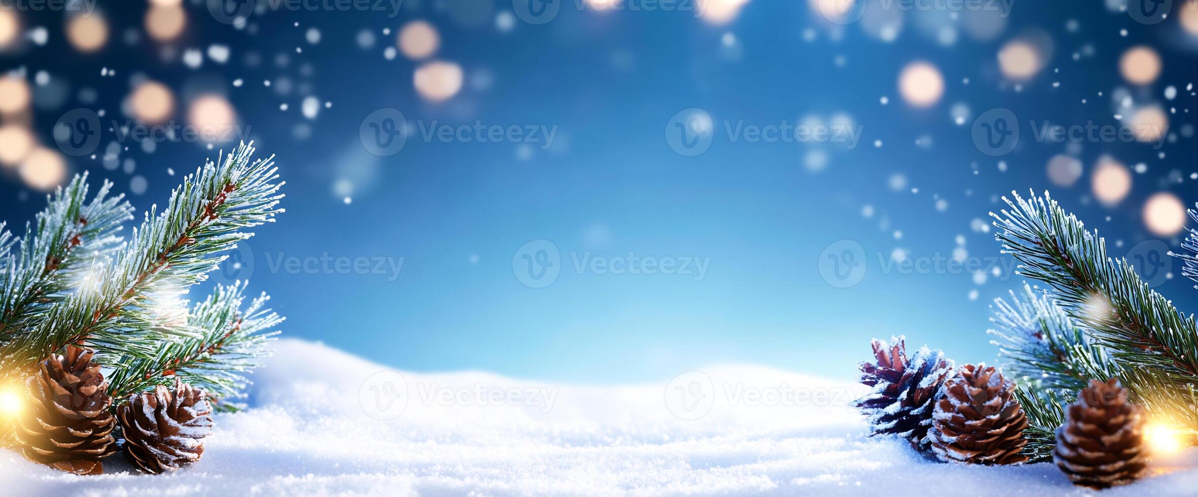 A serene winter scene with snow, pine branches, and warm lights. photo