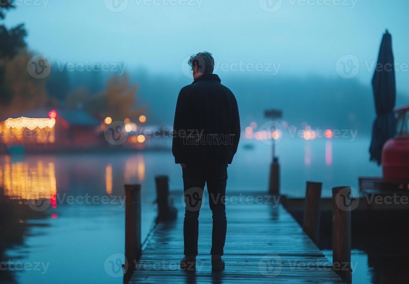 A solitary figure stands on a dock, gazing at a misty lakeside scene. photo