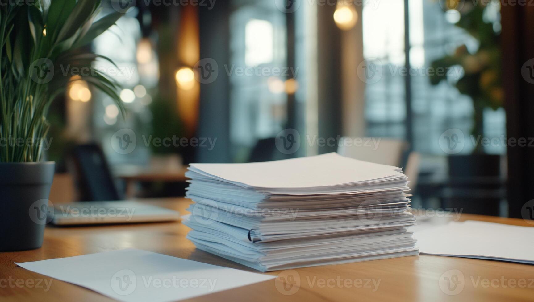 A stack of papers on a wooden table in a modern office setting. photo