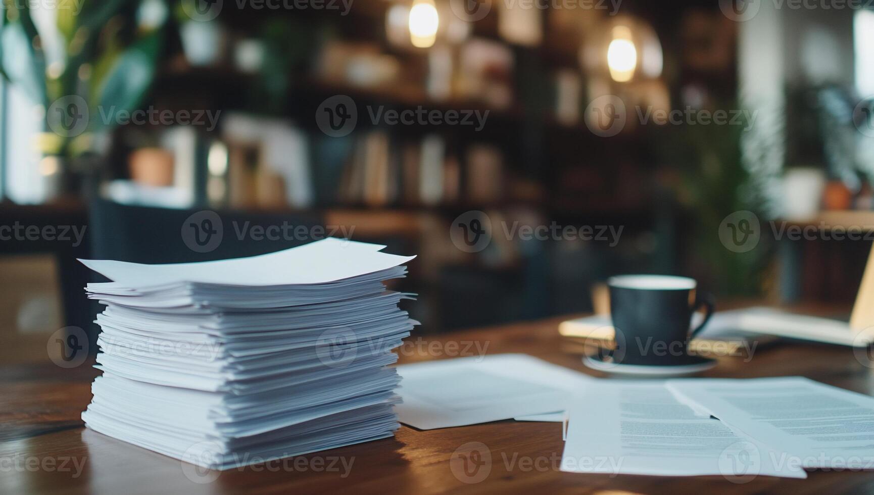 A stack of papers on a desk with a coffee cup in a cozy workspace. photo