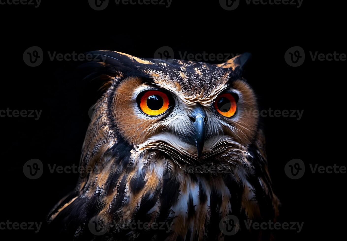 An owl with bright orange eyes is looking at the camera photo
