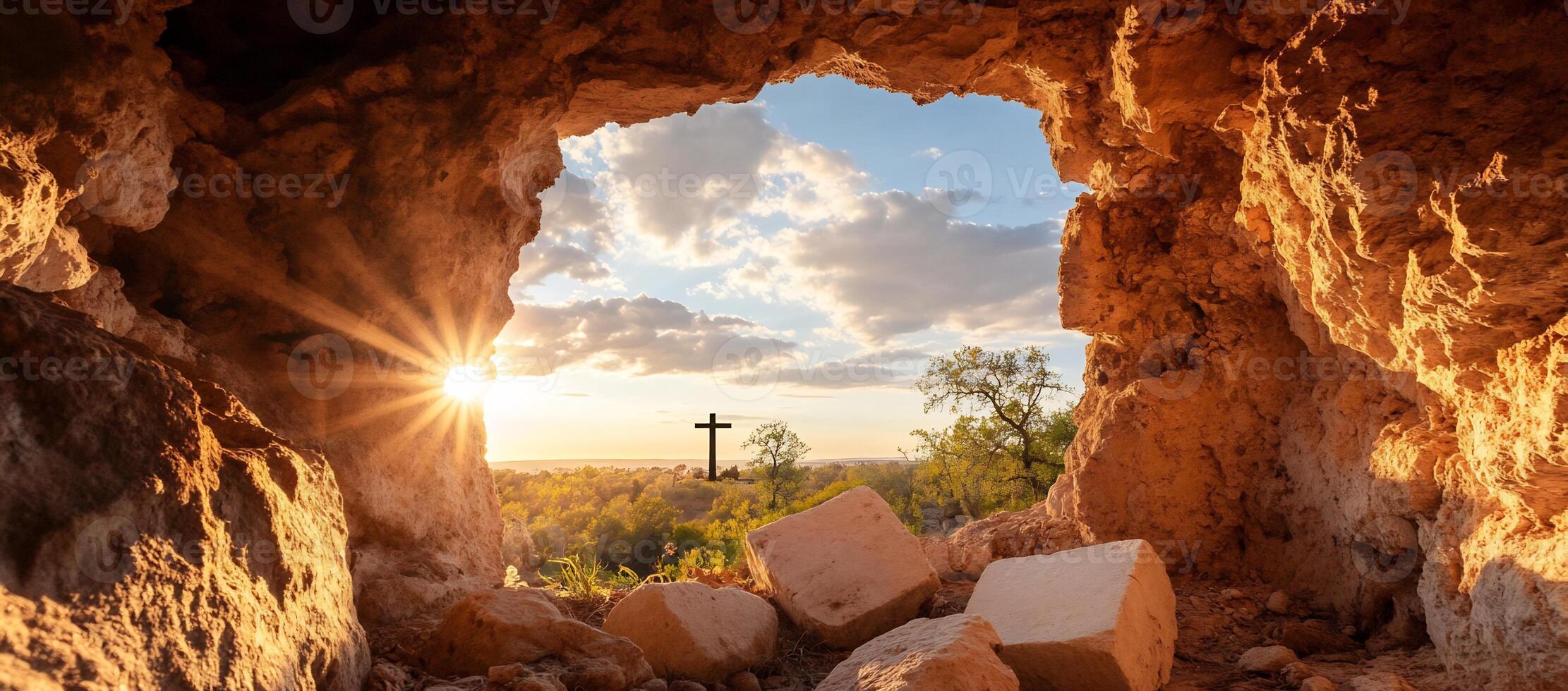 A sunrise view through a cave, highlighting a cross in the distance. photo