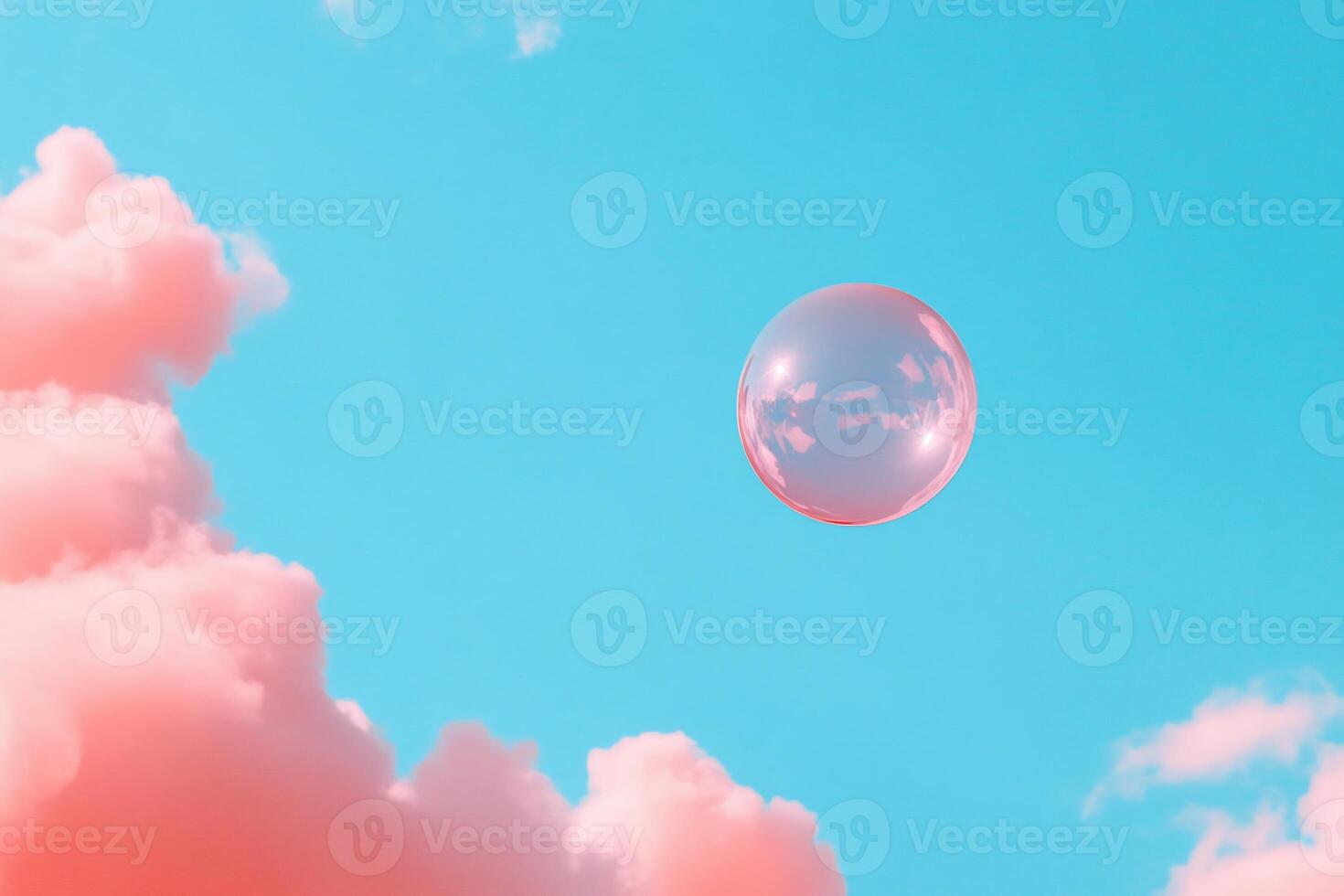 A translucent bubble floating against a bright blue sky with pink clouds. photo