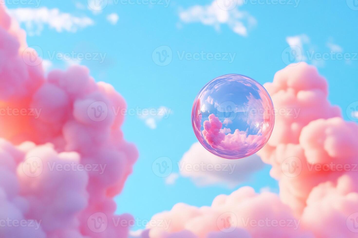 A translucent bubble floats among soft pink clouds under a blue sky. photo
