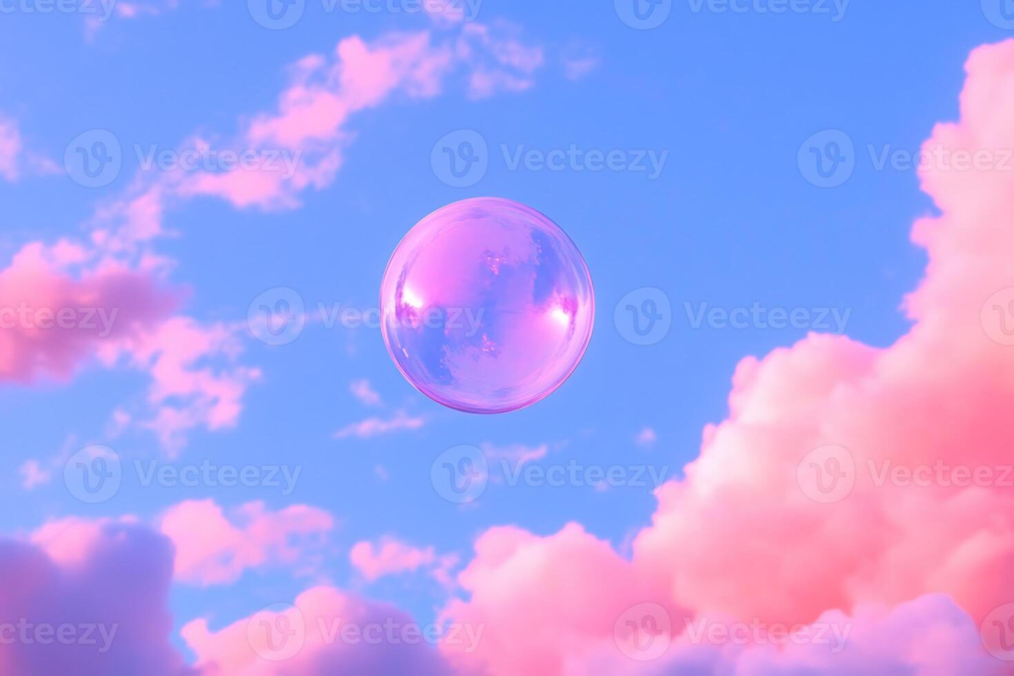 A translucent bubble floats against a backdrop of pink clouds and blue sky. photo