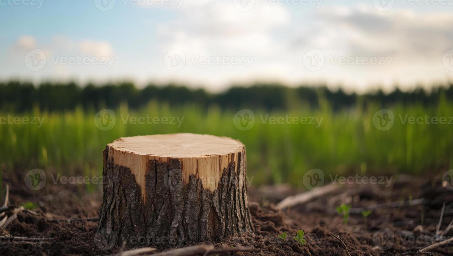 A tree stump in a field, symbolizing deforestation and nature's cycle. photo
