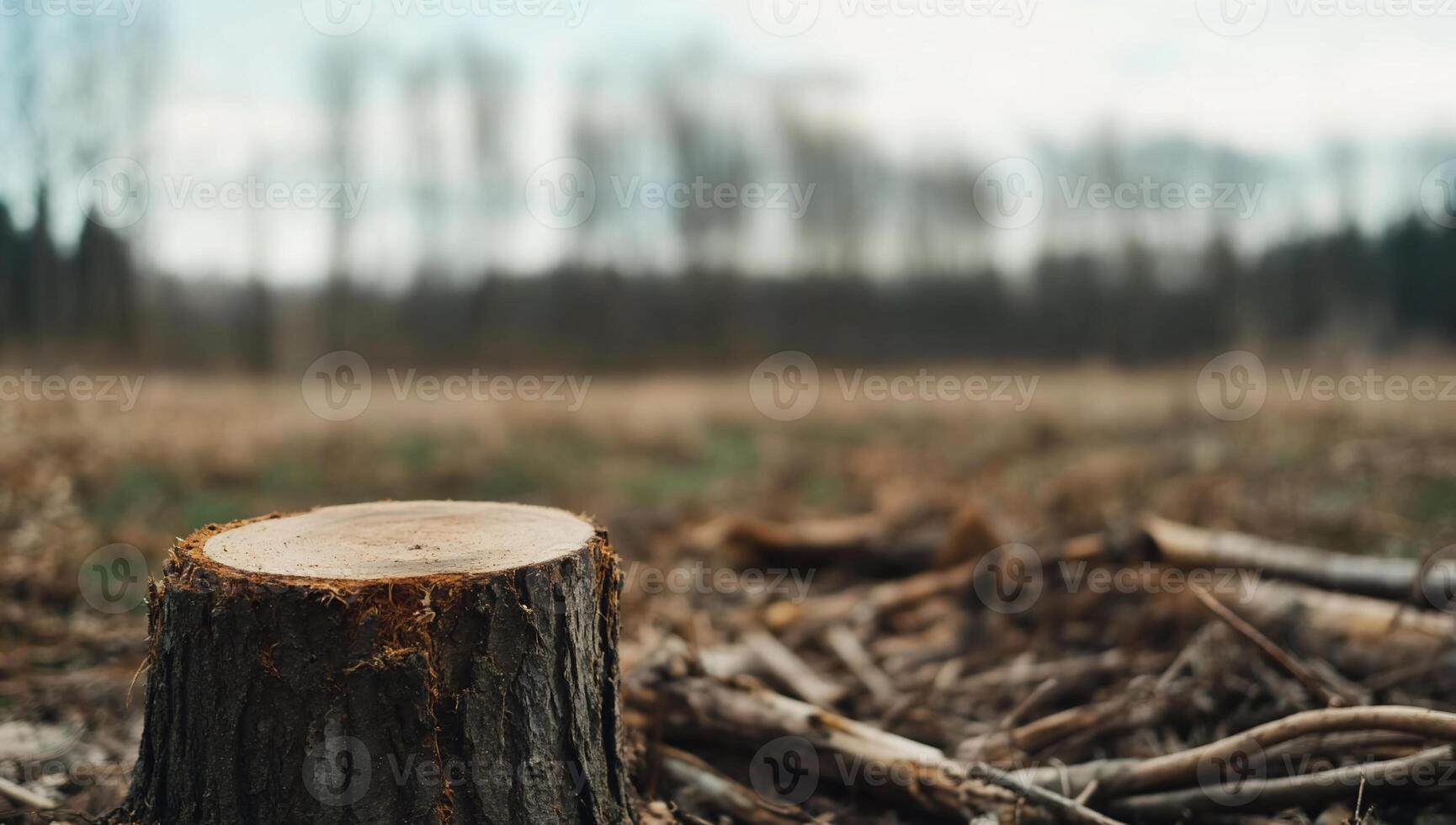 A tree stump in a deforested area, highlighting environmental impact. photo