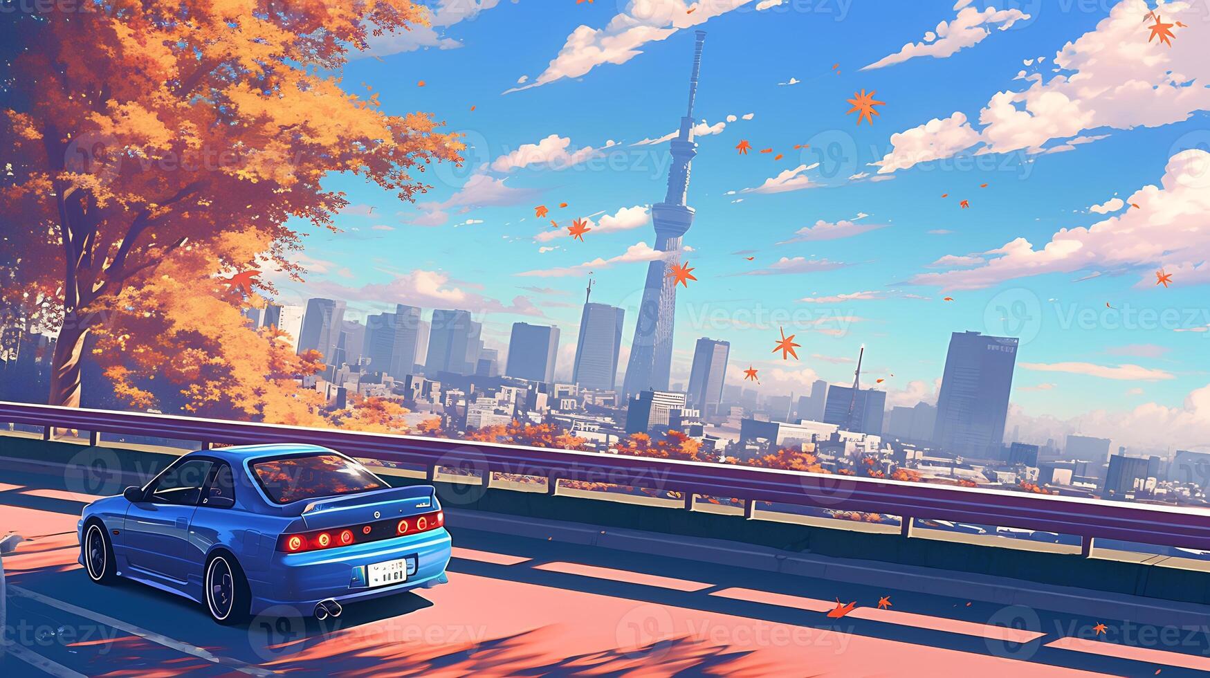 A vibrant autumn scene featuring a blue car and a city skyline. photo
