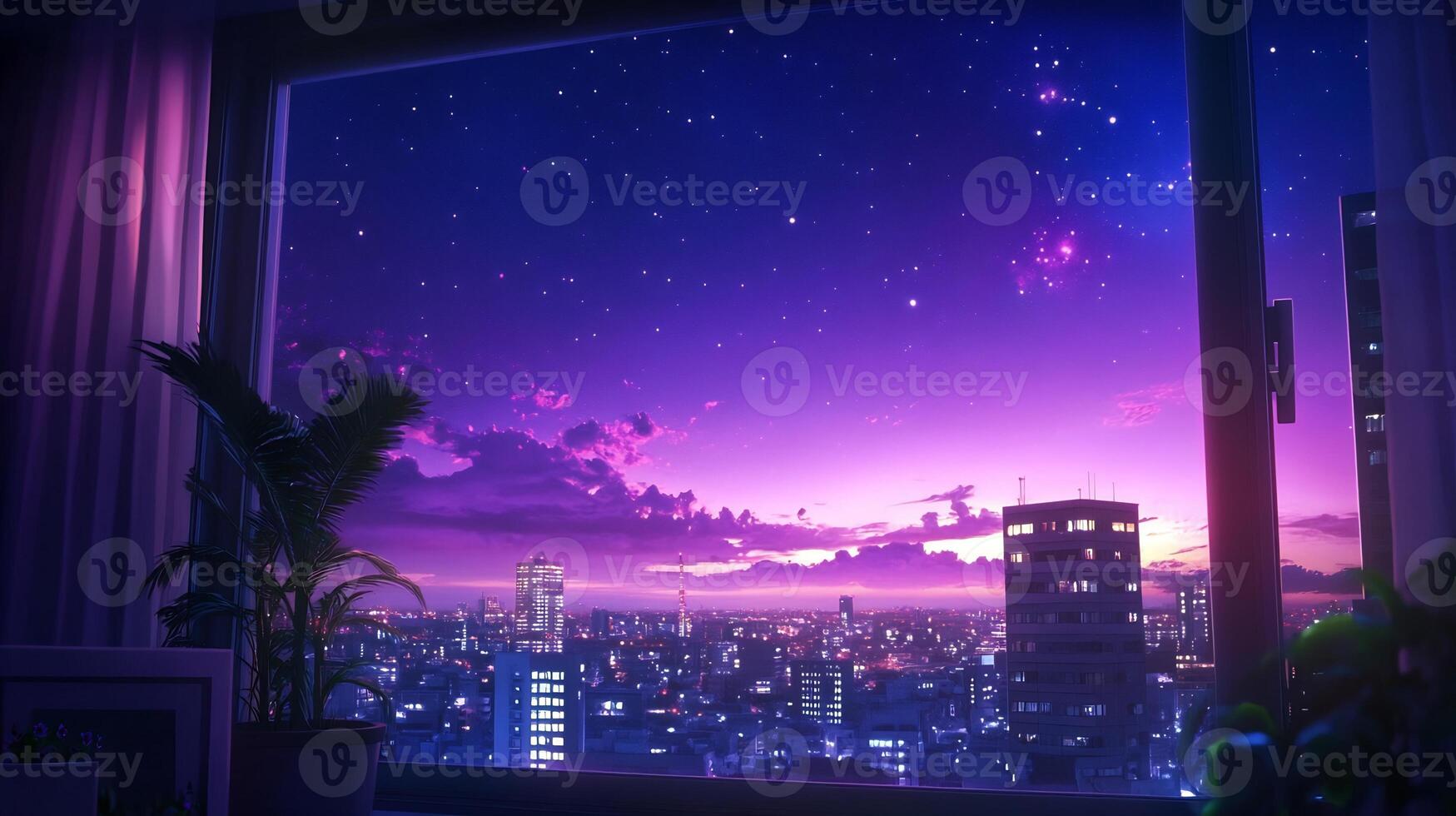 A vibrant cityscape at night, viewed through a window with stars. photo