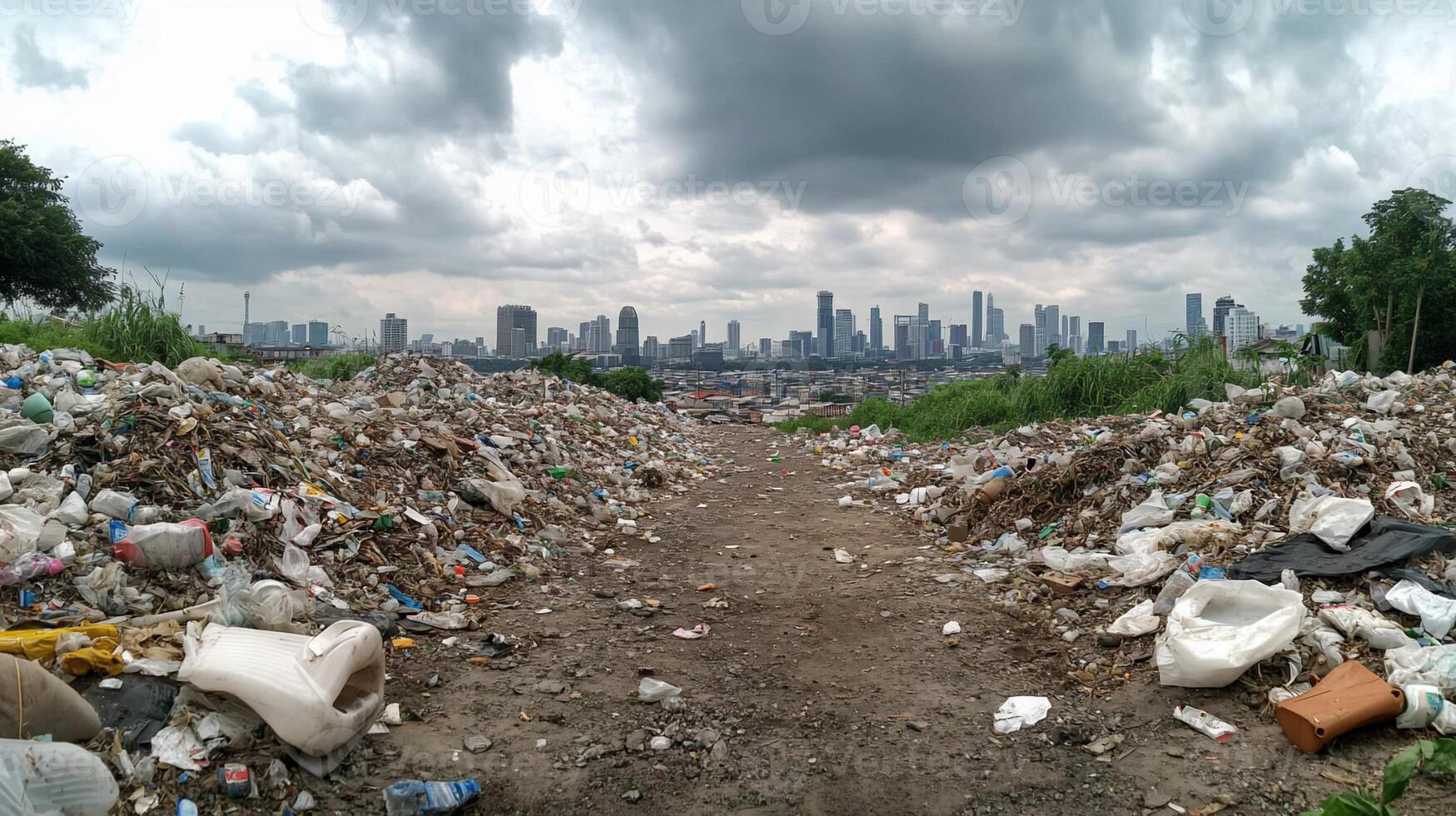 A view of a city skyline behind a large garbage dump. photo