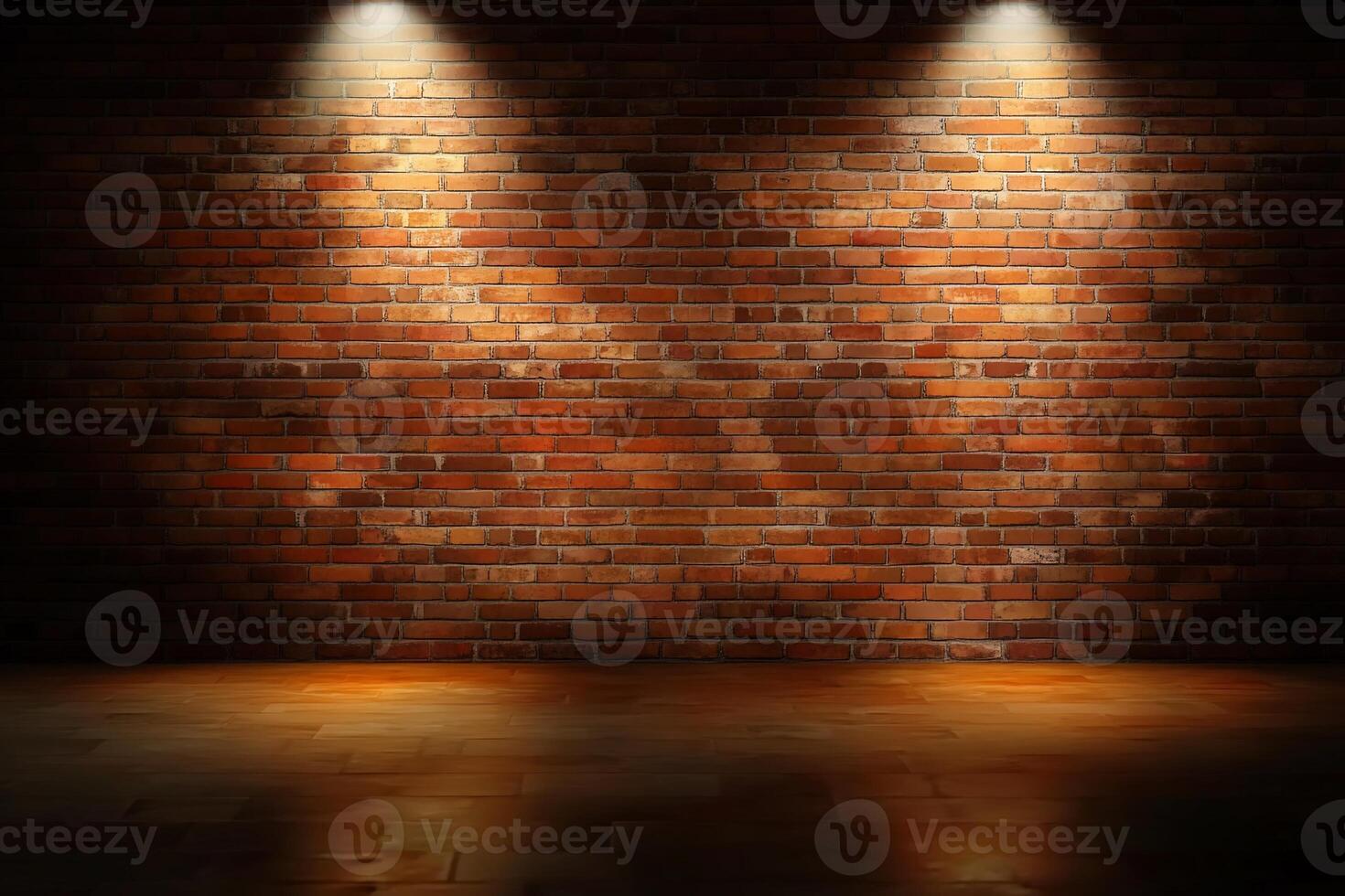A well-lit brick wall with a polished floor, ideal for presentations. photo