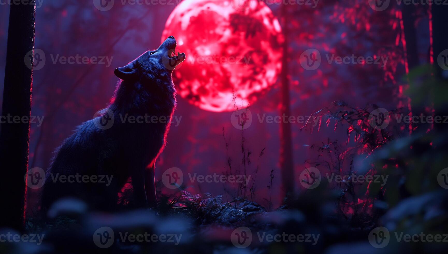 A wolf howling in front of a red moon photo