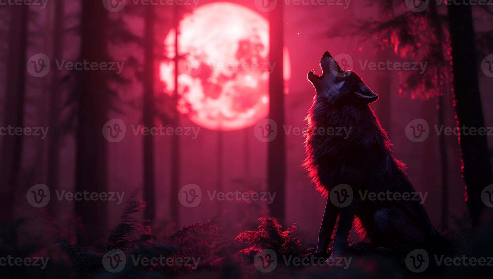 A wolf howls under a large, glowing pink moon in a dark forest. photo