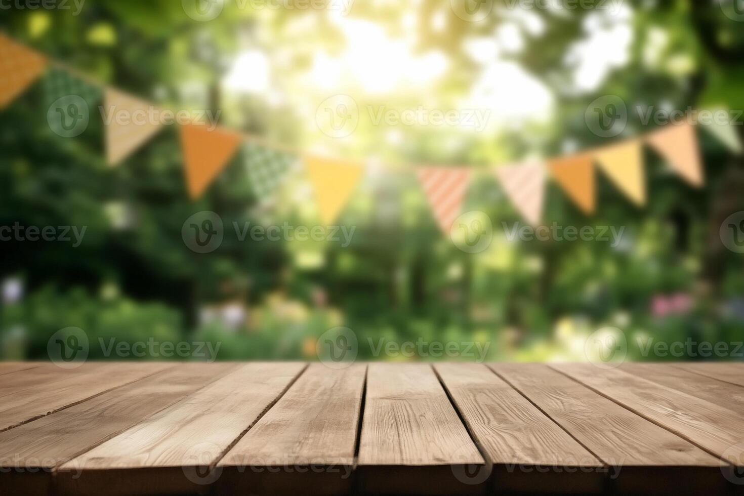 Wooden table with bunting flags in the background photo