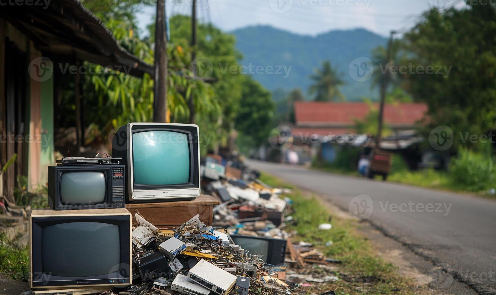 Abandoned televisions and electronic waste by a roadside. photo
