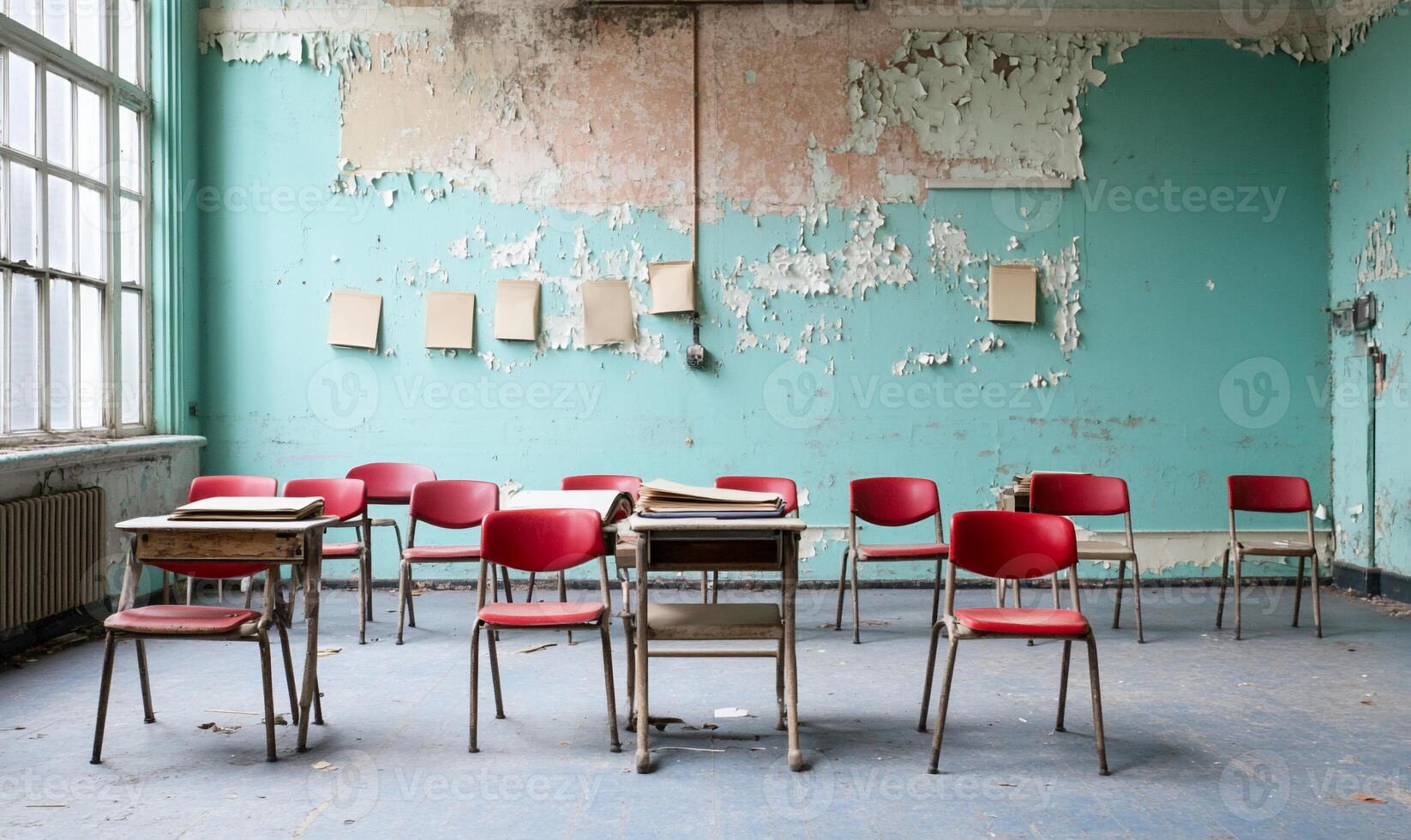 Abandoned classroom with red chairs and peeling paint on walls. photo