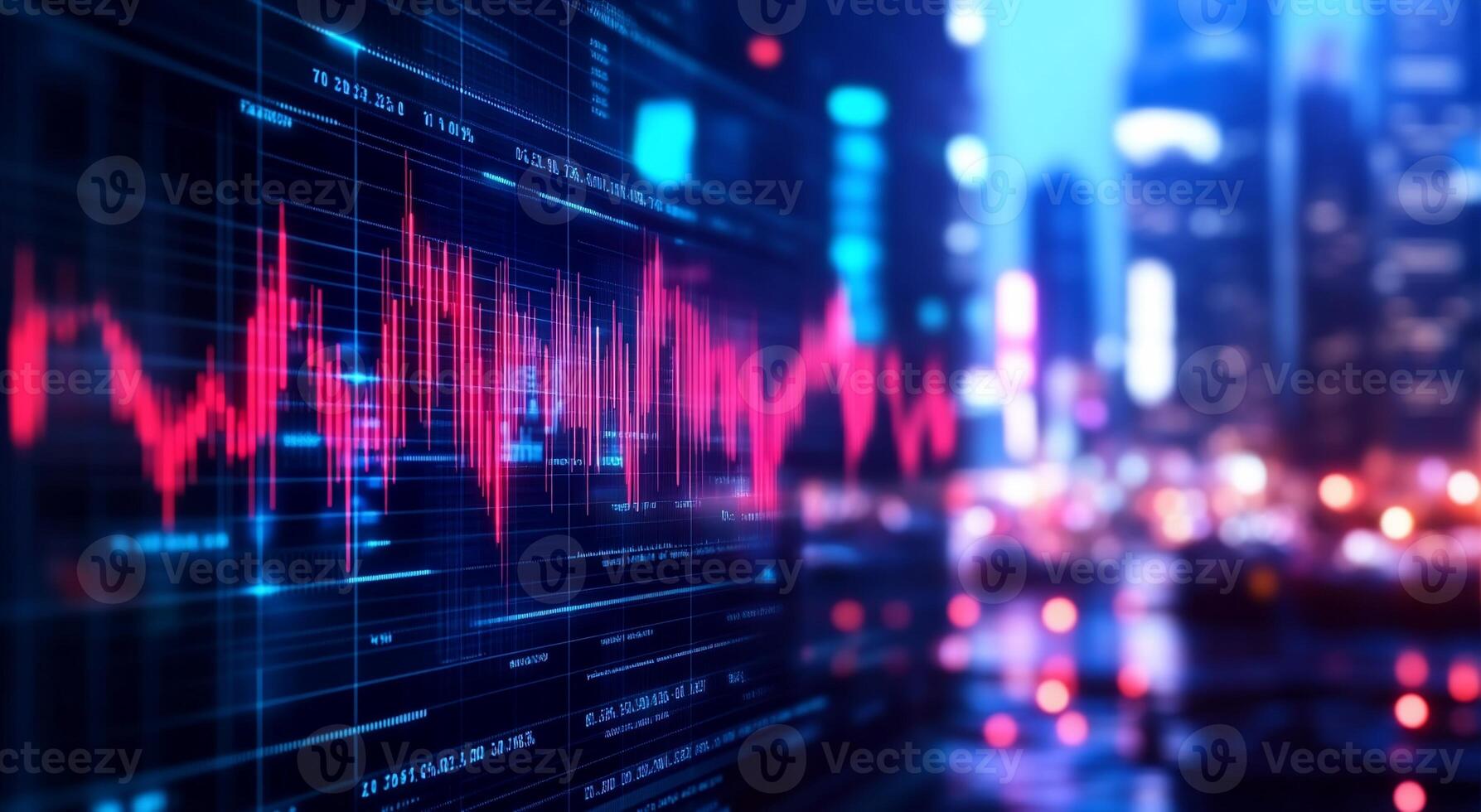 Abstract digital graph illustrating data trends against a city backdrop. photo