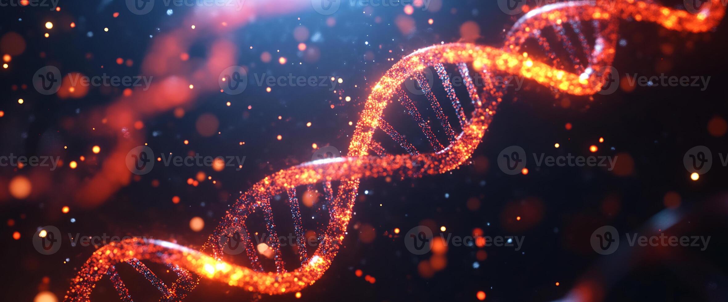 Abstract representation of DNA strands with glowing particles. photo