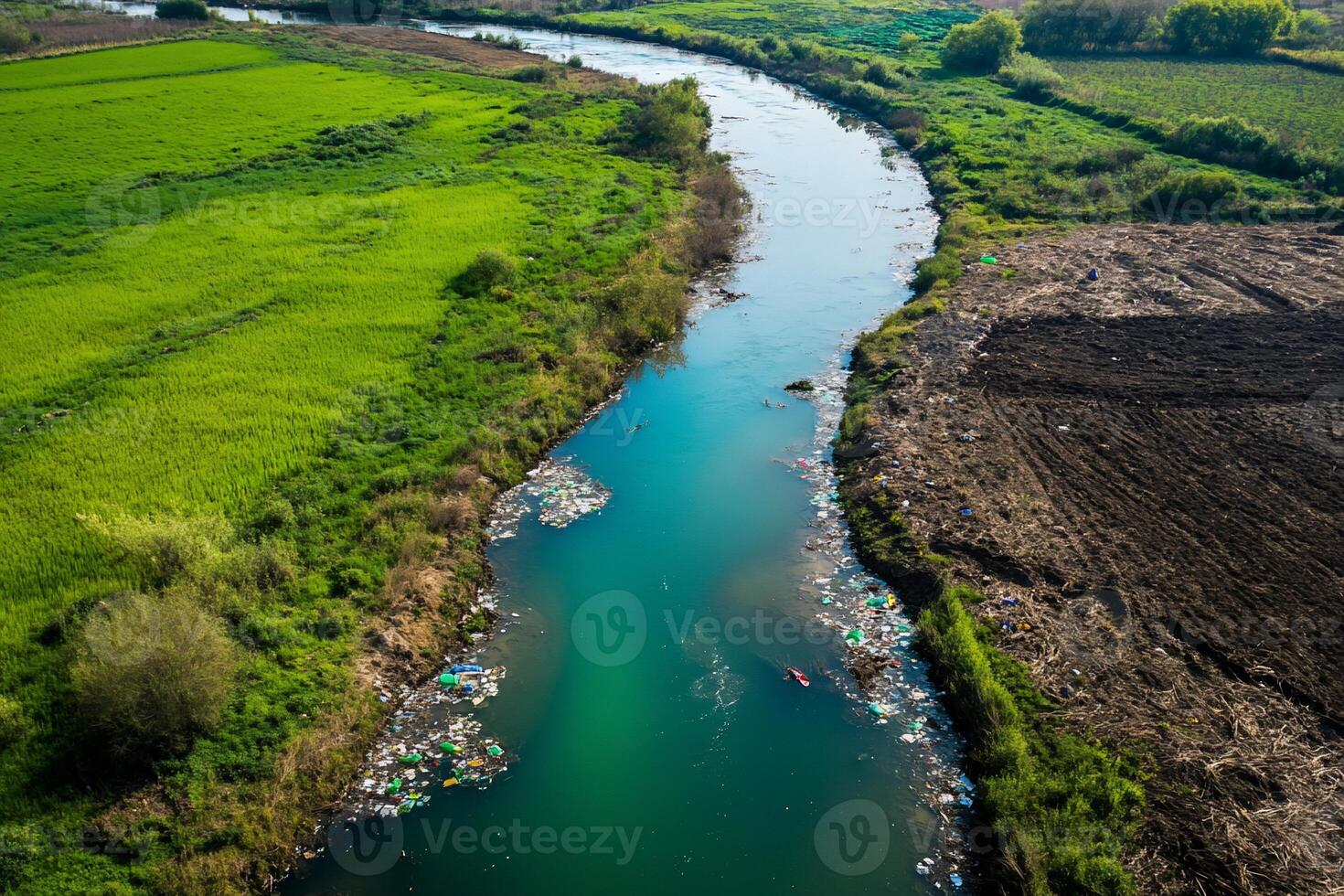 Aerial view of river and garbage in the countryside photo