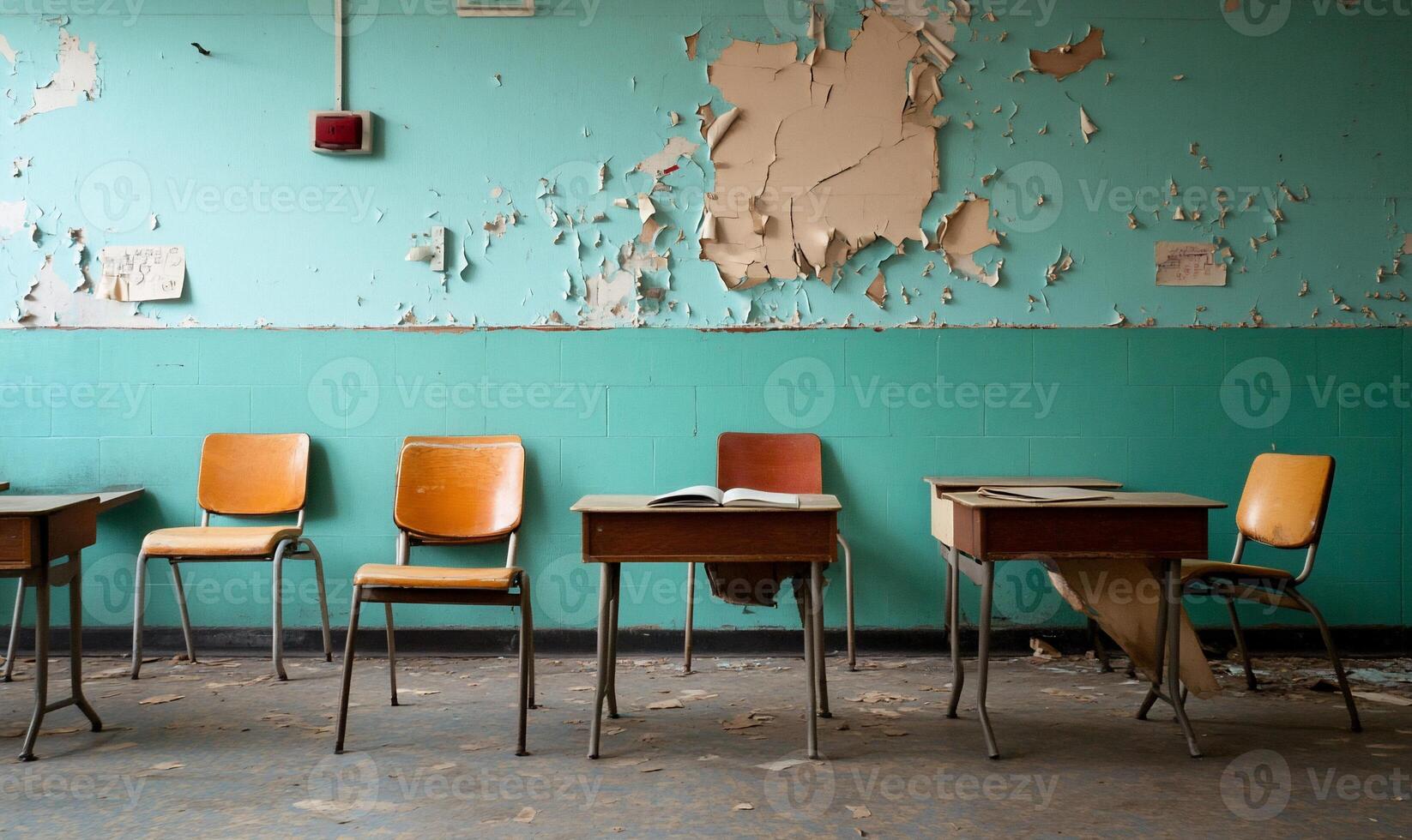 An abandoned classroom with peeling walls and empty desks. photo