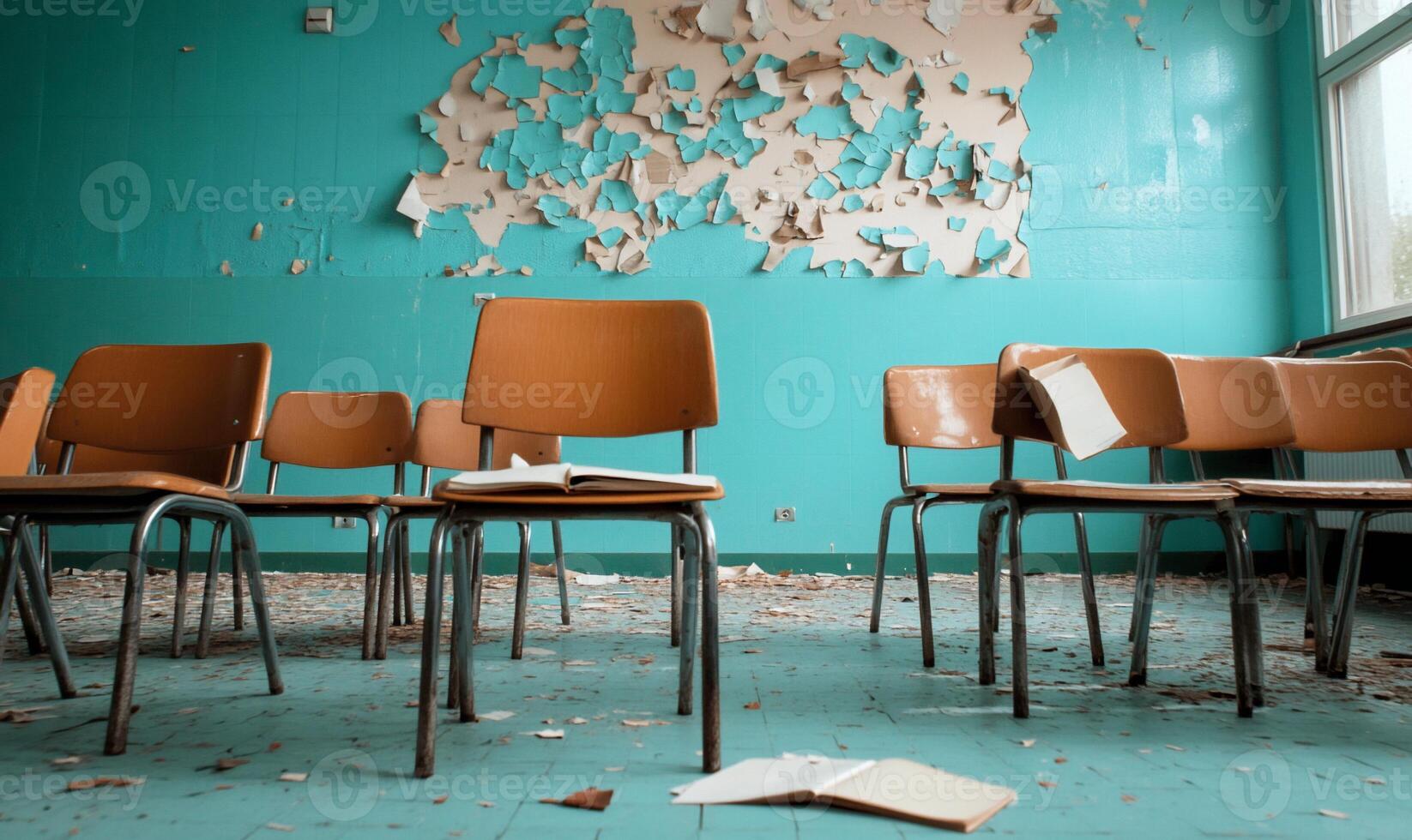 An abandoned classroom with scattered chairs and peeling walls. photo