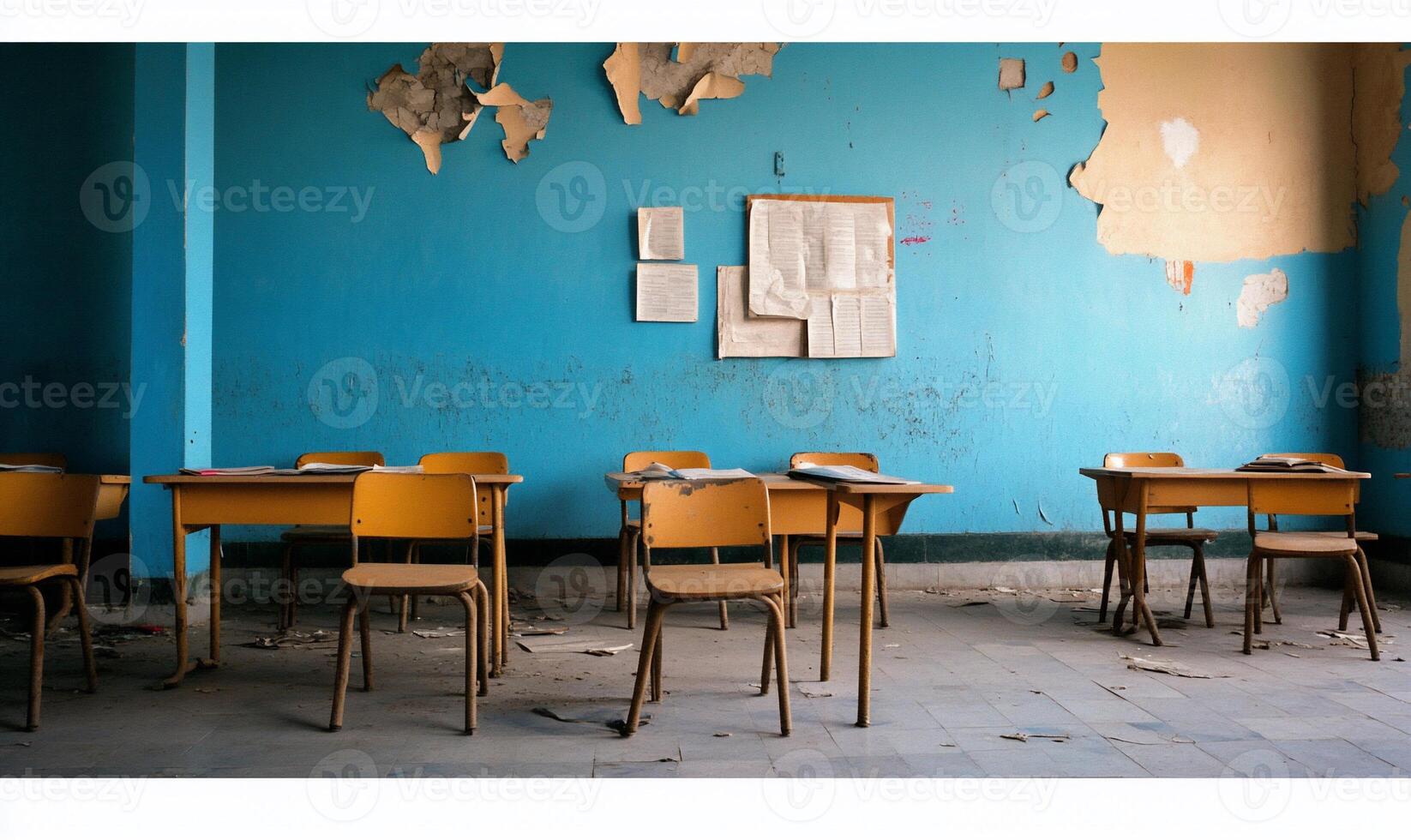 A classroom with desks and chairs in front of a blue wall photo