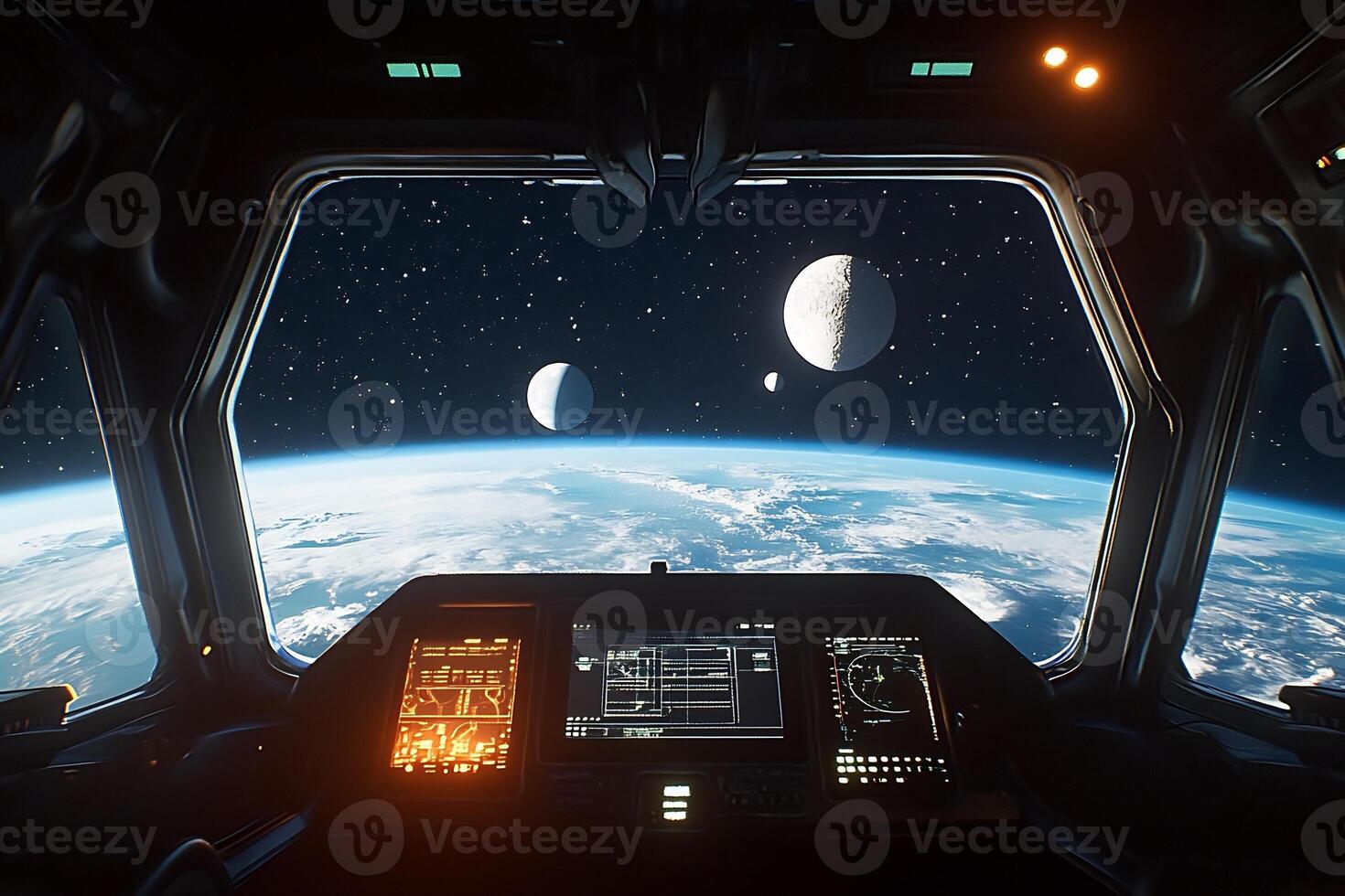 The view from inside a spaceship with earth in the background photo