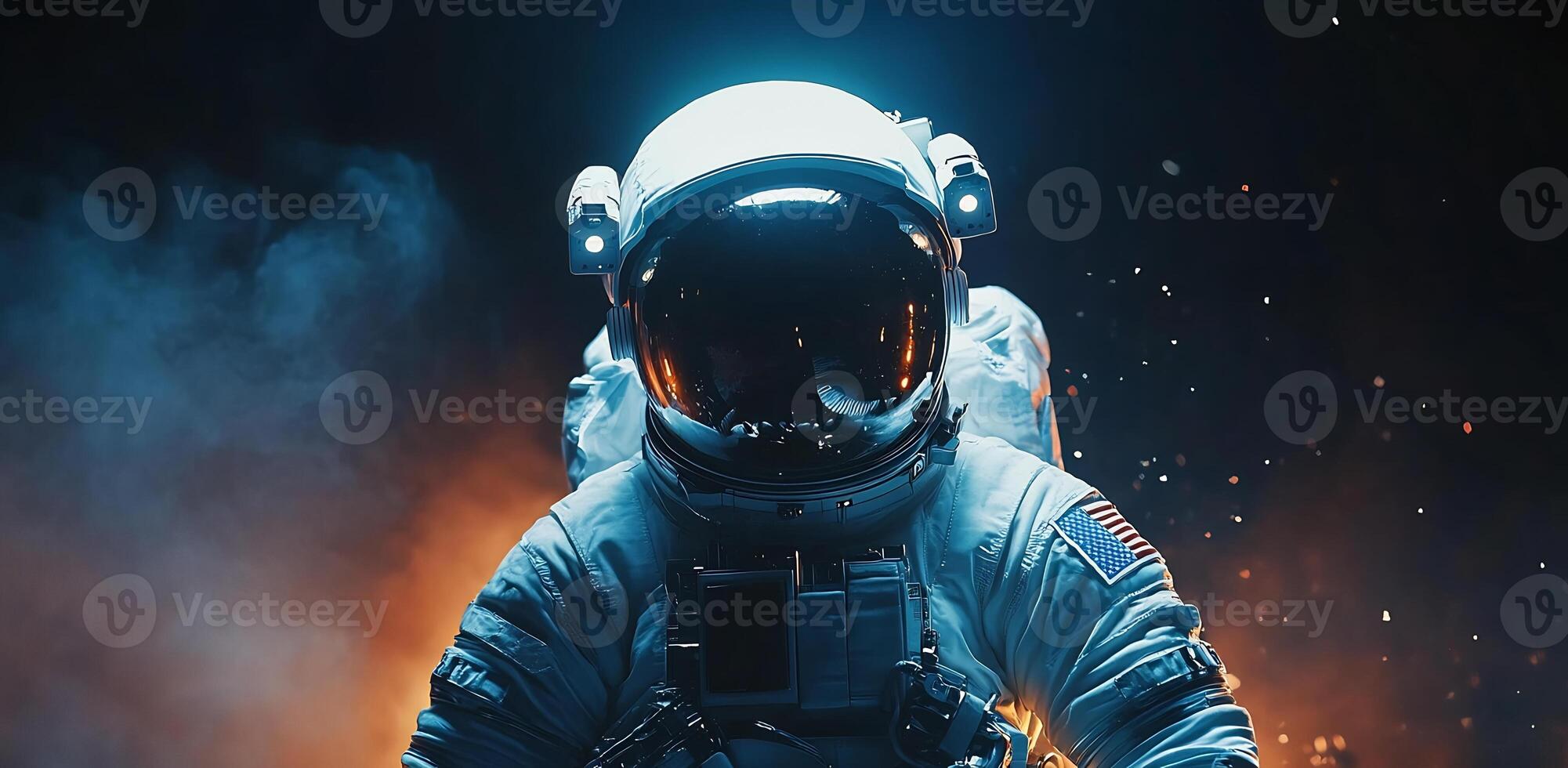 An astronaut in space with smoke and fire photo
