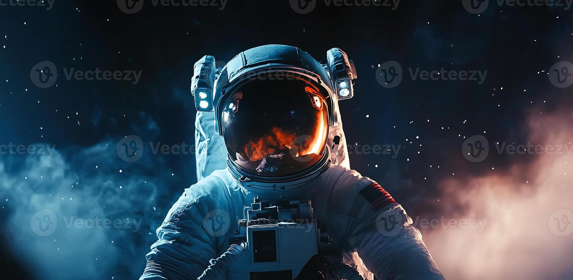 An astronaut in space with smoke coming out of his helmet photo