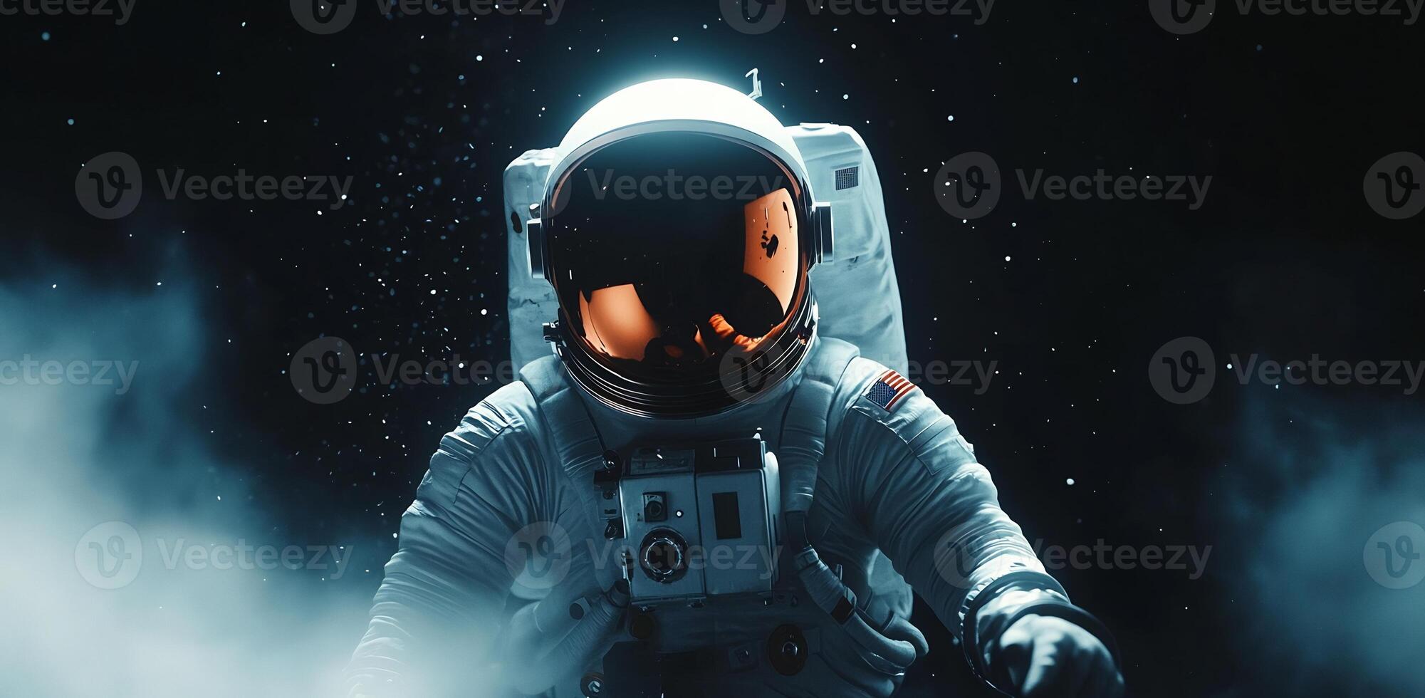 An astronaut in space with smoke coming from his helmet photo
