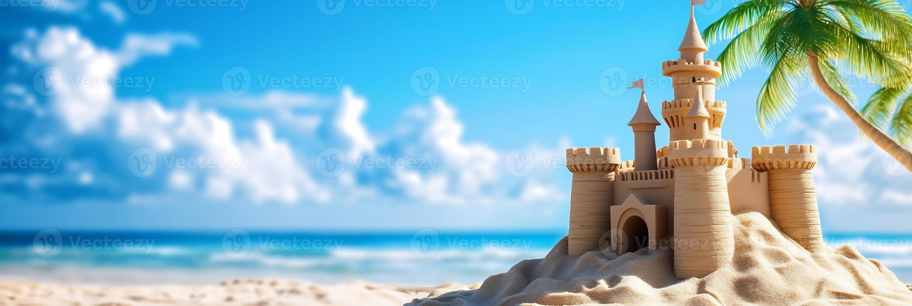 A sand castle on the beach with palm trees photo