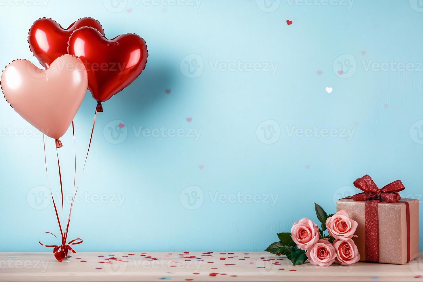 Valentine's day background with red heart balloons and gift box on blue background photo