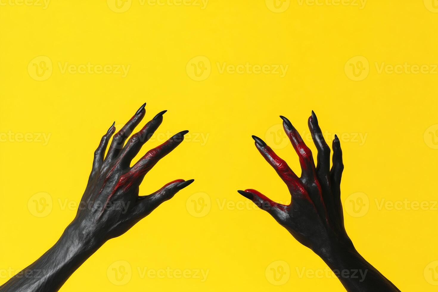 Black and red-painted hands reaching out against a vibrant yellow background. photo