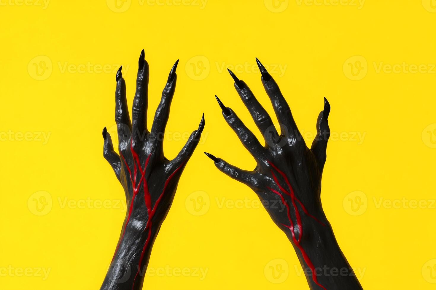 Black-painted hands with sharp nails and red lines against a yellow background. photo