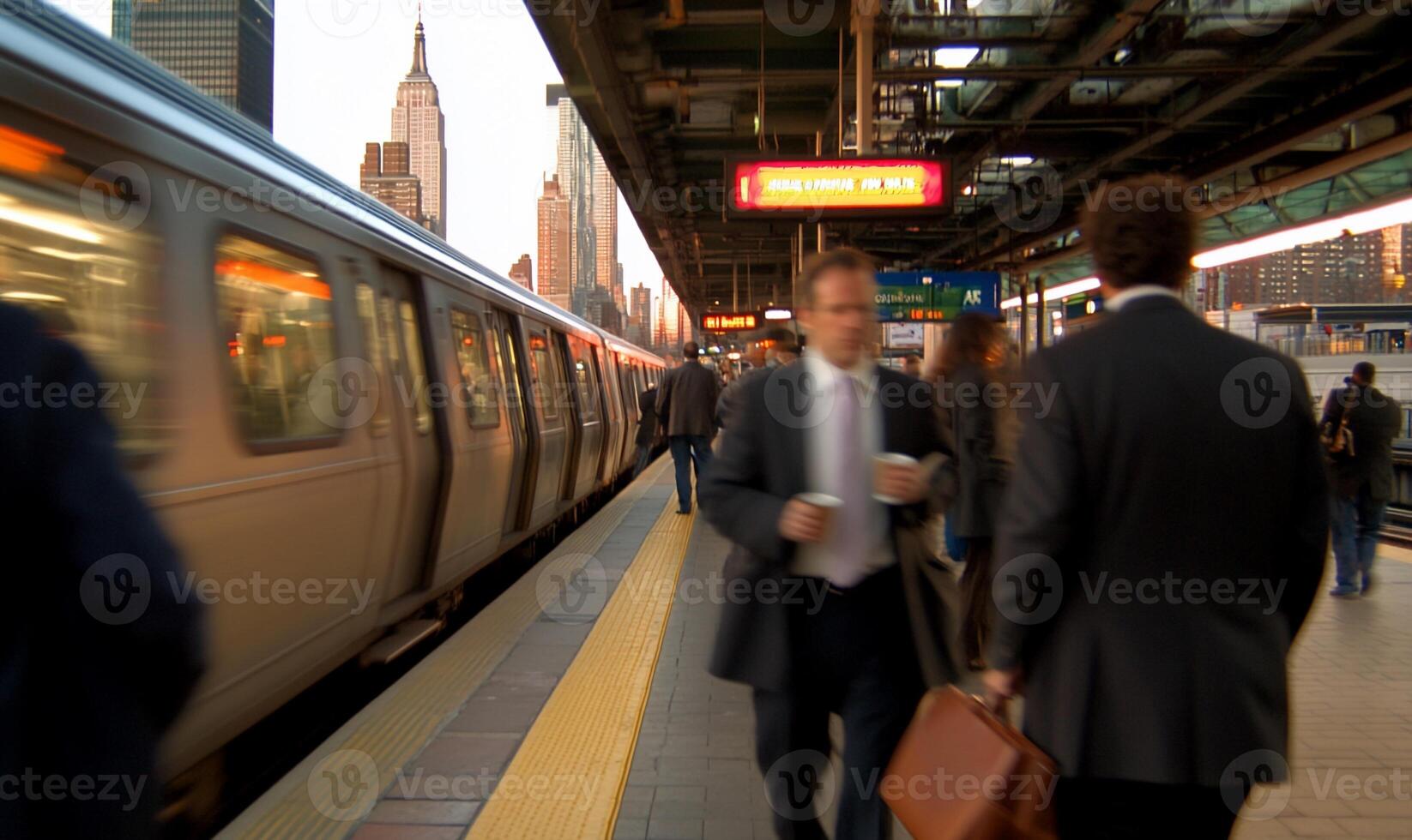 Busy subway station with commuters and city skyline in the background. photo