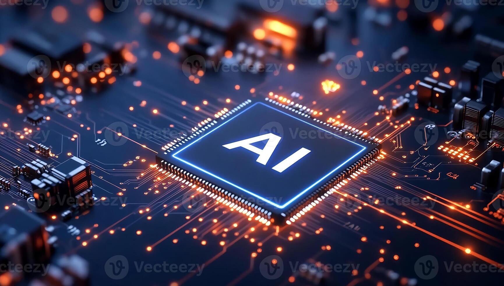 Close-up of a circuit board with an AI chip highlighted. photo